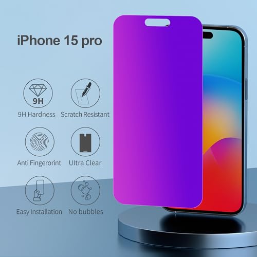 Image of PDDKISS Compatible for iPhone 15 Pro Privacy Screen Protector Tempered Glass 6.1 Inch, Purple Gradient Anti Spy Anti Blue Light HD Easy Installation