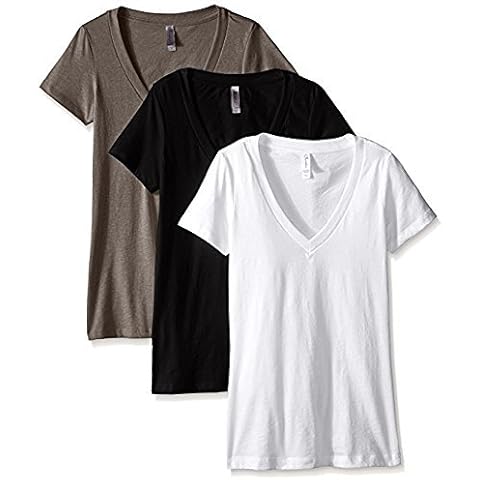 Clementine Apparel Women's Deep V Neck Tee (Pack of 3), Black/White/Warm Grey, Large Cover