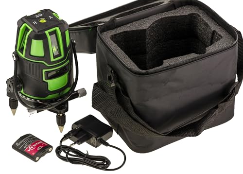 KALEA-INFORMATIQUE Niveau Laser sur Base rotative, 5 Lignes Verticales et Horizontales Traits Verts Visibles en extérieur comme en intérieur. avec 2 Batteries et Accessoire