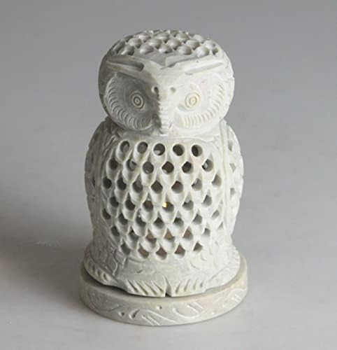 Soapstone Owl Tealight Candle Holder Burner Handmade Carved Votive Candle Diffuser Intricate Openwork Jali Engraved Decorative Aromatherapy Home Office Gift