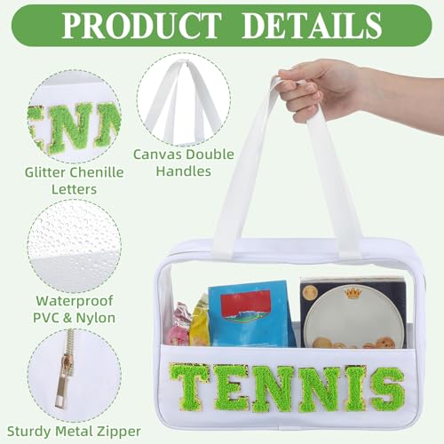 Sadnyy Tennis Gifts Cosmetic Makeup Bag with Chenille Letter Patch Clear Pouch PVC Waterproof Organizer Purse, Portable Tote Toiletry Storage Bag, Tennis Accessories for Sport Coach Women - Thumbnail 4