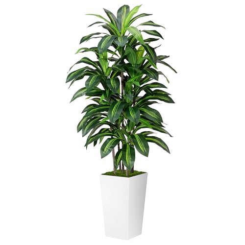 Artificial Dracaena Plant Indoor 5FT - Fake Tree with White Tall Planter - Faux Yucca Tall Fake Floor Plant in Pot - Artificial Trees for Home Office Living Room Decor Indoor