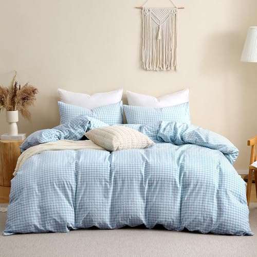 Image of TOCOMOA Light Blue Gingham Duvet Cover Bedding Set 100% Washed Cotton Like Linen Feel Super Soft Comfy 3 Piece Vintage Plaid Checkered Comforter Cover Set (Queen 90 inchx90 inch, Comforter Not Included)