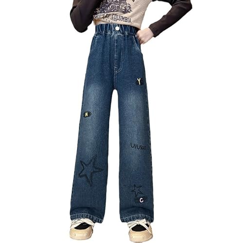 Kids Girls Baggy Jeans Floral Embroidery Elastic Wasit Wide Leg Loose fit Denim Pants Cute Casual Trousers with Pockets