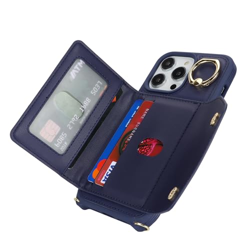 Lipvina for iPhone 14 Pro Case with Card Holder and Strap - Zipper Pocket,Crossbody Lanyard Strap,Credit Card Holder,Stand Ring,Cute Phone Wallet Case for Women(Dark Blue,6.1 Inch) by Lipvina - Image 6