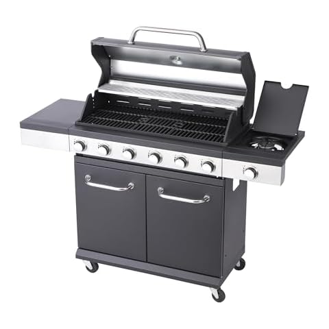BBQ Kingdom 6+1 Burner Gas BBQ Grill with Side Burner, Black and Silver Large Outdoor Barbecue Cover