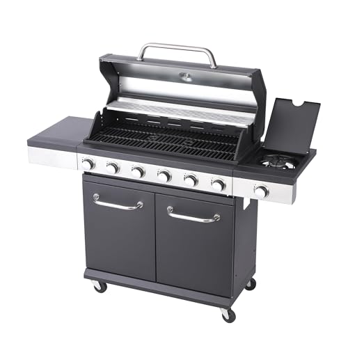 BBQ Kingdom 6+1 Burner Gas BBQ Grill with Side Burner, Black and Silver Large Outdoor Barbecue with Storage Cabinet, Warming Rack, Removeable Grease Tray, Cover, Thermometer, Adapter and Hose