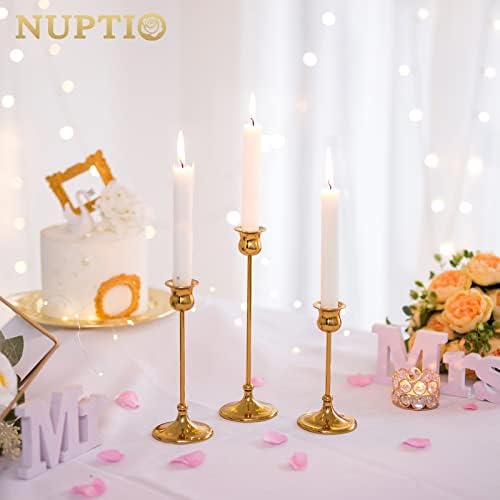 Nuptio Candlestick Holders Metal Gold - 2 Sets/6 Pcs Candle Holder for Taper Candles & Candle Sticks Modern Wedding Party Tabletop Candlelight Dinner Fireplace Mantel Decorations