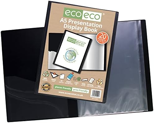 eco-eco A5 Size 50% Recycled 20 Pocket Black Presentation Display Book, Storage Case Portfolio Art Folder with Plastic Sleeves, eco001x2, (Pack of 2 Books)