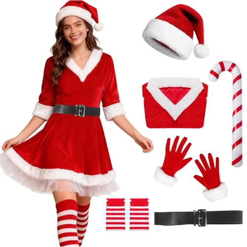 Crittygo Costume de Père Noël pour Femme, Déguisement Noël Femme avec Chapeau, Gants et Chaussettes, Tenue de Noel pour fête