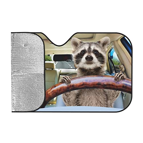 Windshield Sun Shade Funny Raccoon Driving Car Car Front Window Sunshade Blocker Uv Visor Retractable Automotive Sunshades For Vehicle Suv Truck Protector #TOP1
