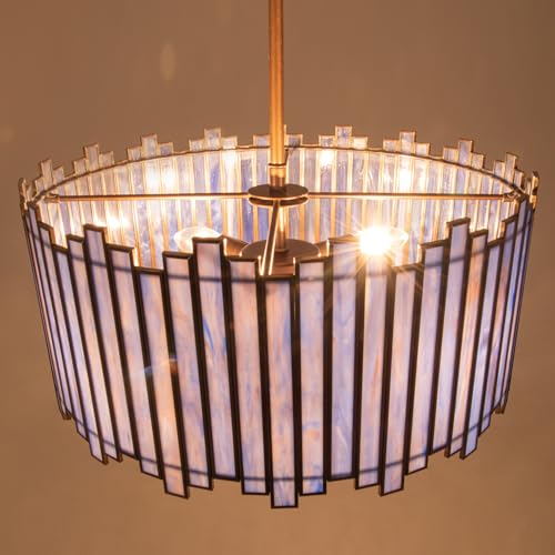 Wrlmfy Drum Chandelier 4-Light, Antique Brass Tiffany Pendant Lighting Fixture with Stained Deep Blue Glass Shade, 16” Round Ceiling Hanging Lamp for Bedroom Dining Room Kitchen Entryway Living Room by Wrlmfy - Image 9