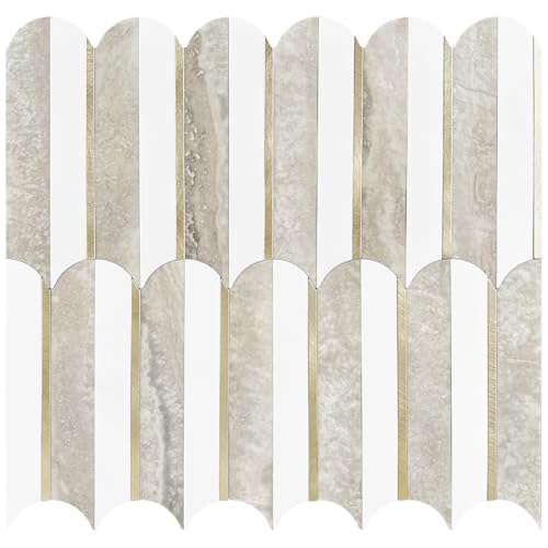Vamos Tile Peel and Stick Backsplash Seamless Tile,1-Sheet Stick on Backsplash for Kitchen and Bathroom,White and Beige Slate PVC Mixed Metal Gold Self Adhesive Mosaic Tiles
