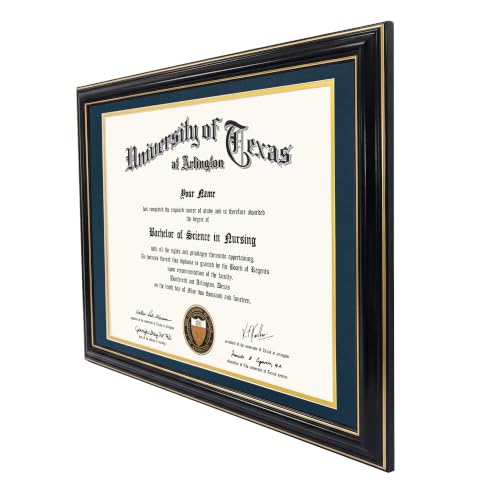 GraduationMall 14x17 Diploma Frame with Navy over Gold Mat or Display 16x20 Certificate without Mat,Solid Wood & Tempered Glass,Glossy Black Finish with Gold Trim by GraduationMall - Used condition - Image 3