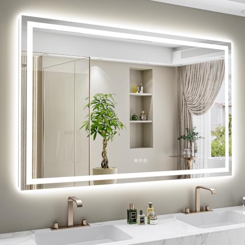 Image of 60x48 Inch LED Bathroom Mirror with Lights Front and Backlit Lighted Vanity Mirror for Bathroom Wall with 3 Colors Dimmable Anti-Fog Memory Shatter-Proof