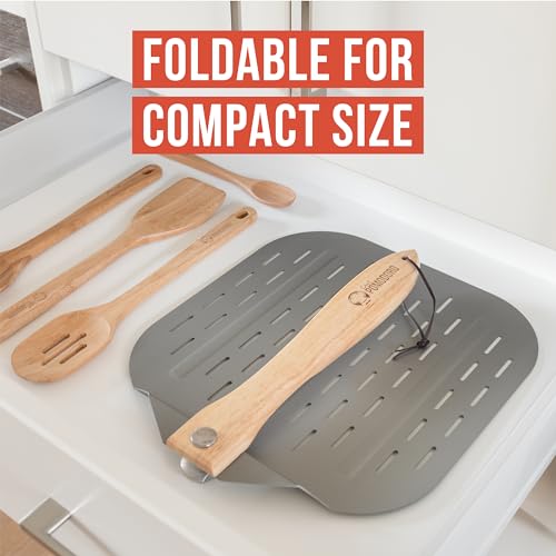 Chef Pomodoro Perforated Aluminum Metal Pizza Peel with Foldable Wood Handle for Easy Storage, Pizza Spatula, Premium Pizza Paddle with Holes for Baking Homemade Pizza and Artisan Breads (30 x 36 cm)
