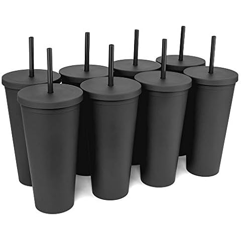 Tumblers with Lids (8 pack) 22oz Pastel Colored Acrylic Cups with Lids and Straws | Double Wall Matte Plastic Bulk Tumblers With FREE Straw Cleaner! Vinyl Customizable DIY Gifts (Black) Cover