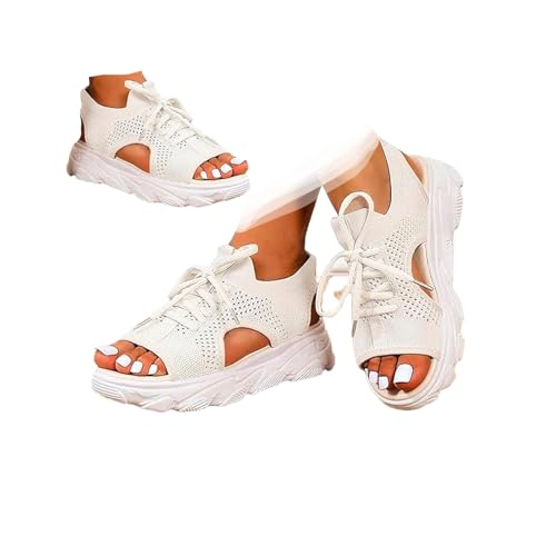Women's Open Toe Tennis Shoes – Orthopedic Wedge Sandals with Arch Support, Breathable Mesh Lace-Up Sneaker Sandals, Thick Soled Walking Shoes for Summer, Casual Beach & Outdoor Wear (White, Adult, Women, 10, Numeric, US Footwear Size System, Wide)