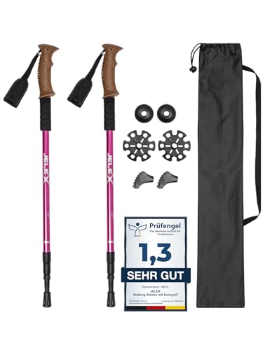 JELEX Nature Teleskop Walking Stöcke für Nordic Walking verstellbar, inkl. diverser Aufsätze für Outdoor Aktivitäten, ultraleichte Wanderstöcke mit Antishock-Technologie (Rosa Premium)