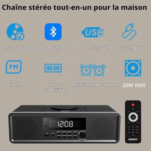 Système stéréo Home CD avec Lecteur CD, Radio FM, Bluet...