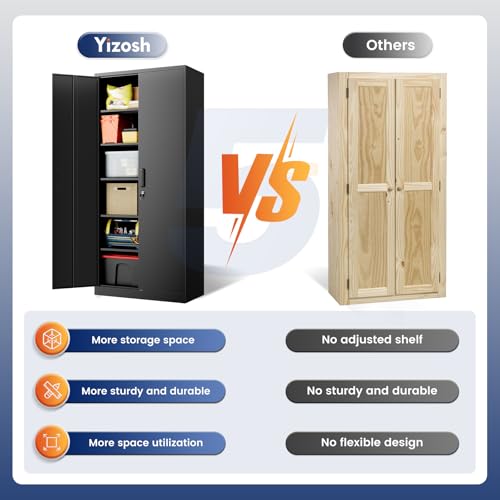 Image of Yizosh Metal Storage Cabinet with Lock - 72 inch Garage Storage Cabinet with 2 Locking Doors and 5 Adjustable Shelves, Black Steel Lockable for Office,Home,Garage
