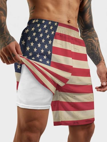 Mens Swim Trunks with Compression Liner,Vintage American Flag Men's Inseam Board Shorts Quick Dry Bathing Suit for Men/Boys2