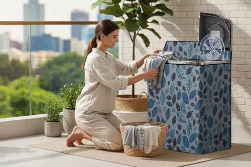 Image of The Furnishing Tree Semi-Automatic Top Load Washing Machine Cover | Waterproof & Dustproof | Easy to Clean | Durable & Washable, Leaf Botanical Print Polyester (51x84x96.5 CM)