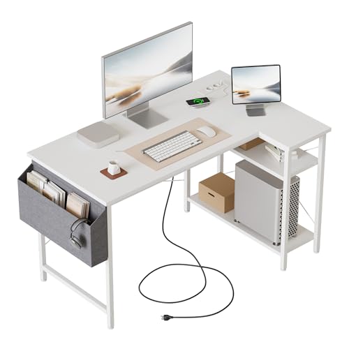 Mericonia Kleiner L-förmiger Schreibtisch mit Steckdosen, 100 cm L Computer-Eckschreibtisch mit...