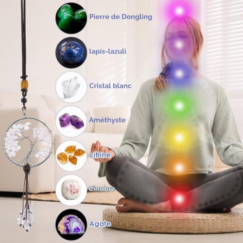 Cobee Ornement à Suspendre Arbre de Vie pour rétroviseur de Voiture, Pendentif en Pierre de Cristal de guérison avec 7 Chakras, Accessoires d'intérieur de Voiture (A) – vue 4