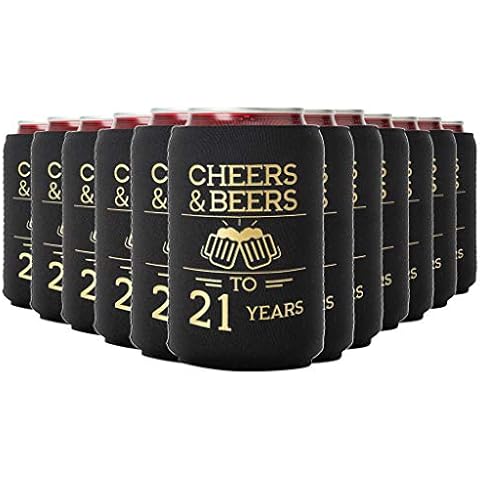 Cheers & Beers Can Coolers, 30,40,50, and 60th Birthday Party Coolies, Set of 12, Black and Gold Can Coolers, Perfect for Birthday Parties, Birthday Decorations (21 Years) Cover