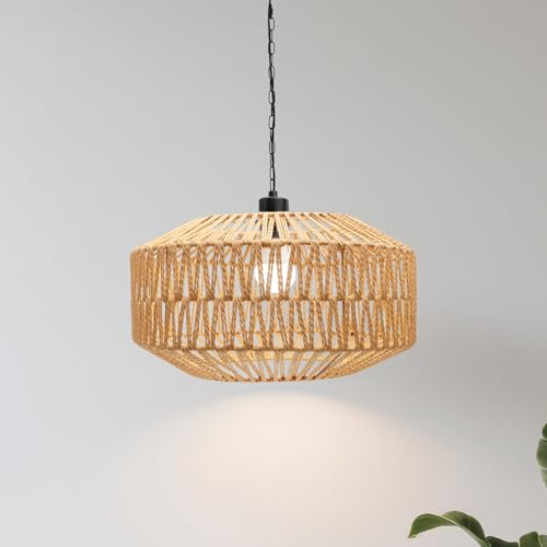 Qnuioea Farmhouse Chandelier Light Fixture, Rattan Boho Chandeliers, Hand Woven Pendant Light with Height Adjustable, Rustic Hanging Lighting for Living/Dining Room, Kitchen Island, Bedroom (Medium) by Qnuioea - Used condition - US$29.43