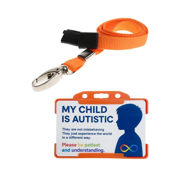 QUANTUM LEAP® My Child is Autistic ID Card Badge Hidden Disability Lanyard Orange Holder Badge with Contact Details On the Rear