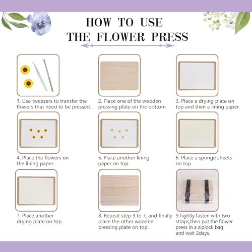 Auihiay Flower Press Kit with Instructions, 6 Layers 6.3 x 6.3 inches Flower Preservation Kit, Wood Flower Press Kit for Adults Kids to Make Dried Plant, DIY Flower Press Book