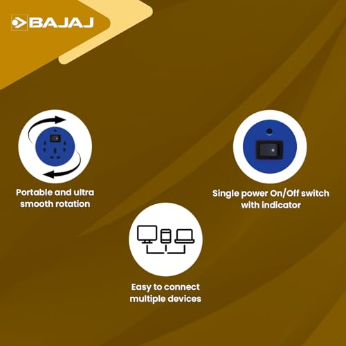 Bajaj Extension Reel | 5 Meter Long Cable | One 3-Pin and Two 3-Pin Universal Sockets | Fire Retardant Cable | 6 Months - Warranty (Pack of 1, White)