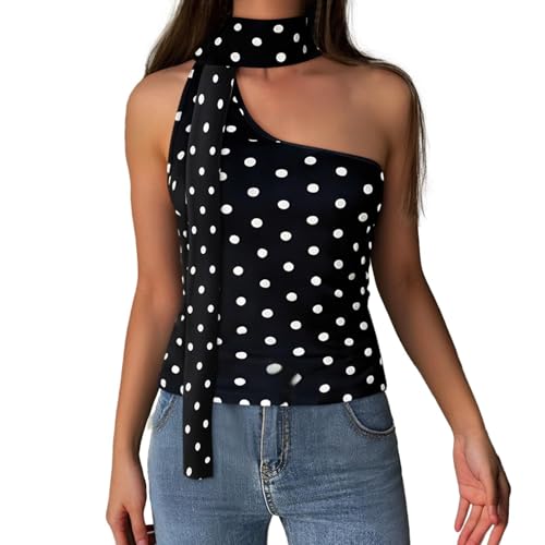 Camisa de tirantes para mujer, diseño de lunares, un hombro, sin mangas, parte superior, sin espalda, con bufanda, top verde para mujer, Negro , S
