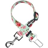 Blueberry Pet Spring Scent Inspired Floral Rose Print Turquoise Adjustable Dog Seat Belt Tether for Dogs Cats, Durable Safety Car Vehicle Seatbelts Leads Use with Harness
