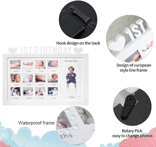 AIDIER Baby Bilderrahmen Erinnerung für Erste Jahr 12 Monate Fotorahmen Collage für 12 Fotos Fotocollage Baby Geburtsgeschenk für Neugeborene Babyparty Ersten Geburtstag Geschenke