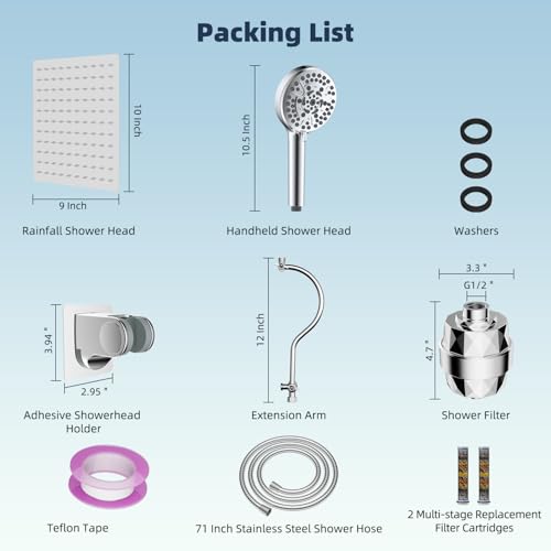 Hibbent All Metal 10'' Dual Filtered Rainfall Shower Head Combo, High Pressure Handheld Shower Head with 12'' Adjustable Curved Extension Arm, 20 Stage Shower Filter, 10-Spray, 71'' Hose, Chrome by Hibbent - Image 8