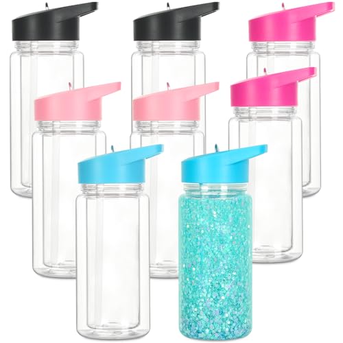 Tswofia 8 Pack 10 Oz Plastic Snow Globe Tumbler for Kids with Pre-Drilled Hole and Plug, Leak Proof Double Wall Snow Globe Sports Water Bottles with Portable Handle for Glitter DIY Gift, Mixed Color
