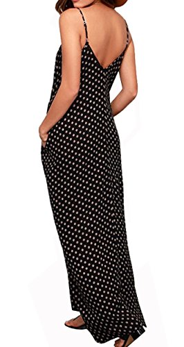 Lilbetter Women V-Neck Polka Dot Print Spaghetti Strap Boho Long Maxi Dresses (Black,Small) #TOP2