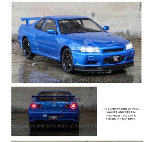 Image of 1:24 Scale Nissaan Skyline R-34 Model Alloy Metal Pull Back Toy car for Kids with Openable Doors & Light, Music Toy Vehicle for Kids (1:24 Nissaan Skyline R-34 (Blue))