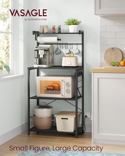 Image of VASAGLE BARNET Collection - Kitchen Bakers Rack with Power Outlet, 23.6-Inch Wide Coffee Bar 4-Tier with 8 S Hooks, Modern Microwave Stand, Adjustable Shelf, Charcoal Gray and Ink Black UKKS014B01V1