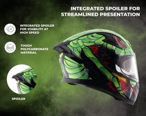 Image of Axor Apex Venomous ISI ECE DOT Certified Full Face Dual Visor Helmet for Men and Women with Pinlock Fitted Outer Clear Visor and Inner Smoke Sun Visor Black Neon Green(XL)