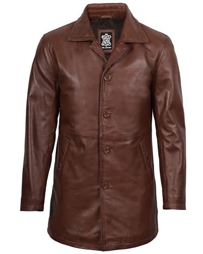 Image of Blingsoul Men Leather Coat, Long Leather Jacket Mens | Real Lambskin Leather, Mid-Length Cut, Lapel Collar, Concealed Buttons, Fully Lined, Wind Resistant,