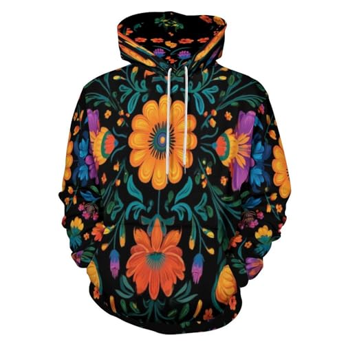 Sweat à capuche homme imprimé fleurs mexicaines noir hoodie décontracté