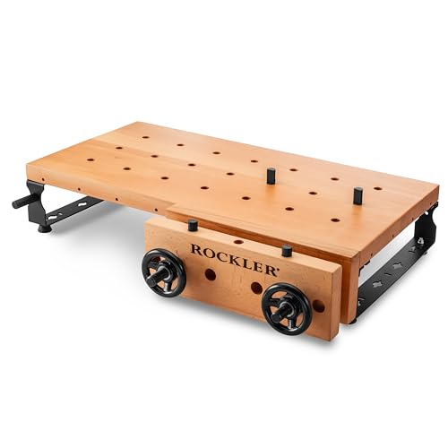Image of Rockler Handy Bench Portable Woodworking Workbench with Moxon Vise - 16x32 Solid Beech Benchtop, 4x4 Dog Hole Grid - Adjustable Steel Base Brackets, Compact Work Table for Garage or Shop