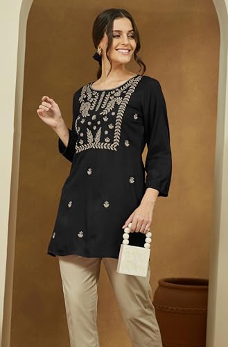 Image of Janasya Women's Rayon Embroidered Straight Short Kurti