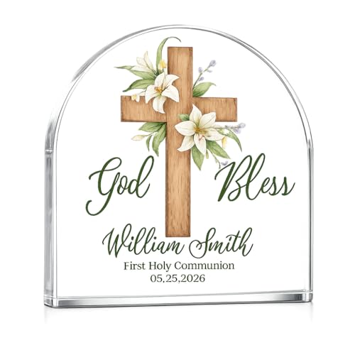 First Communion Gift Personalized,Custom Name Baptism Gift Acrylic Plaque for Girls Boys, Catholic Christening Gift Personalized, First Communion Religious Wall Decor for Kids