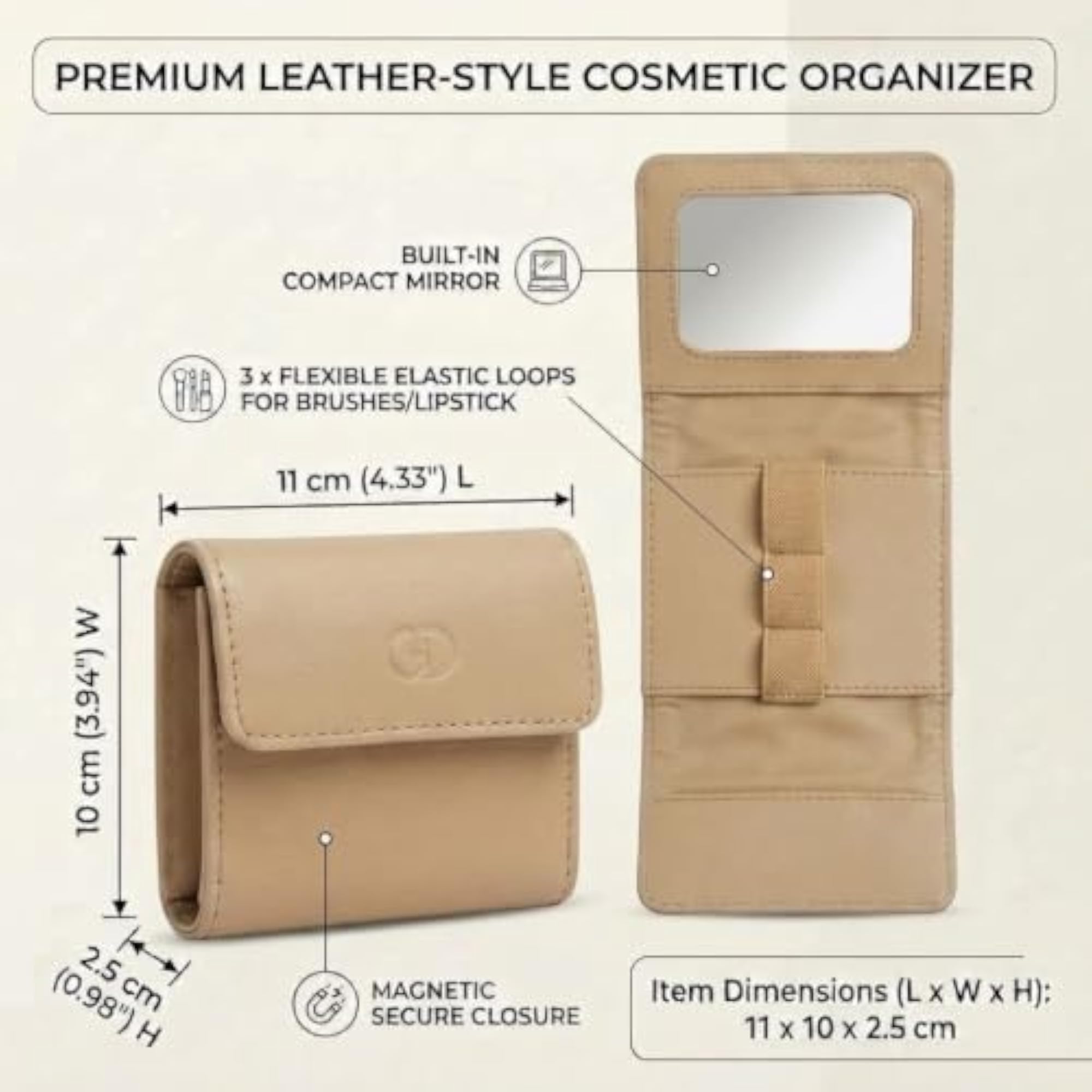 GD Beauty Lipstick Wallet with Mirror, Matte Cream PU Leather Case