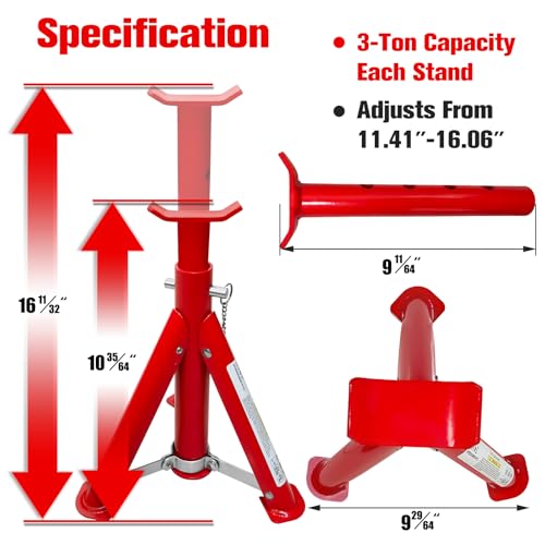 FITHOIST 3 Ton Heavy Duty Jack Stands - Foldable Car Jack Stand for Trucks, SUV, Pickup & UTV/ATV, 6,600LBs Capacity, Adjustable Red Safety Stands with Locking Pin, 1 Pair